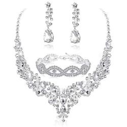 Fiasaso Crystal Bridal Jewelry Set for Women Rhinestone Necklace Earrings Bracelet Wedding Bridesmaid
