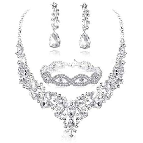 Fiasaso Crystal Bridal Jewelry Set for Women Rhinestone Necklace Earrings Bracelet Wedding Bridesmaid