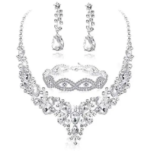 Fiasaso Crystal Bridal Jewelry Set for Women Rhinestone Necklace Earrings Bracelet Wedding Bridesmaid Fiasaso Crystal Bridal Jewelry Set for Women Rhinestone Necklace Earrings Bracelet Wedding Bridesmaid