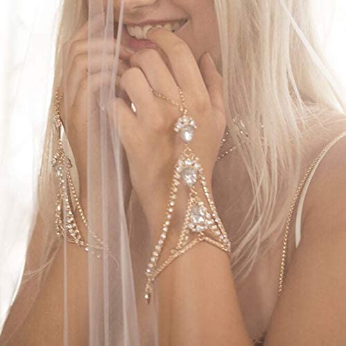 BERYUAN Trendy Gold Boho Gypsy Crystal Layered Hand Harness Bangle Chain Link Finger Ring Bracelet Beach Wedding Party Jewelry For Women and Girls (gold)