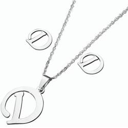 TGLS Stainless Steel A-Z Initial Letter Necklace and Earrings Set Alphabet Monogram Capital Name Pendant Jewelry Set for Women Girls
