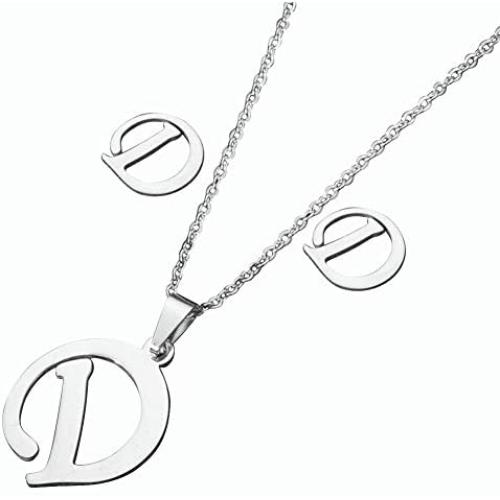 TGLS Stainless Steel A-Z Initial Letter Necklace and Earrings Set Alphabet Monogram Capital Name Pendant Jewelry Set for Women Girls
