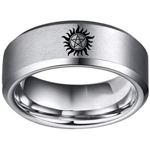 Sping Jewelry Supernatural Ring Dean Anti-Possession Symbol Silver Titanium Steel Flat Band Rings