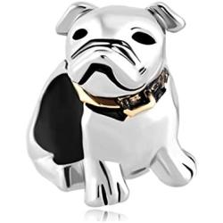QueenCharms Silver Plated Cute British English Bulldog with Golden Collar Animal Charm for Bracelet