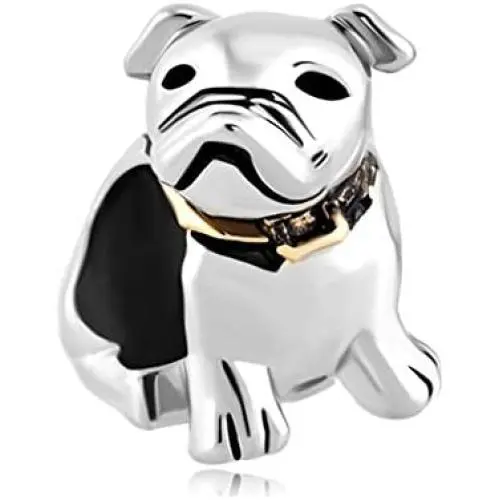 QueenCharms Silver Plated Cute British English Bulldog with Golden Collar Animal Charm for Bracelet