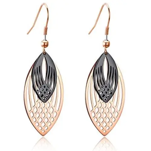 Rose Gold Hollow Leaf Dangle Earrings,Stainless Steel Dangle Drop Earrings for Women Girls Christmas Valentines Day Jewelry