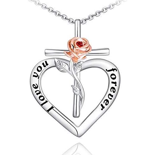 Distance Rose Heart Necklace for Women 925 Sterling Sliver I Love You Forever Rose Flower Jewelry for Girlfriend Wife Mom Daughter Girls