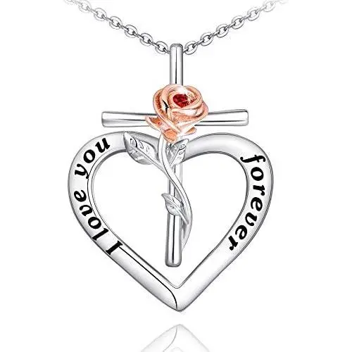 Distance Rose Heart Necklace for Women 925 Sterling Sliver I Love You Forever Rose Flower Jewelry for Girlfriend Wife Mom Daughter Girls