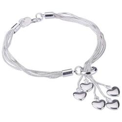 Women Girl Link Bracelet， 925 Sterling Silver Five-line Chain with Five-Heart Bracelet(7.5'',7.9'', 8.3'')