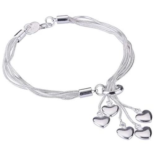 Women Girl Link Bracelet， 925 Sterling Silver Five-line Chain with Five-Heart Bracelet(7.5'',7.9'', 8.3'')