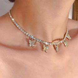 Easedaily Boho Necklaces Gold Butterfly Choker Rhinestone Pendant Short Necklace Chain for Women and Girls