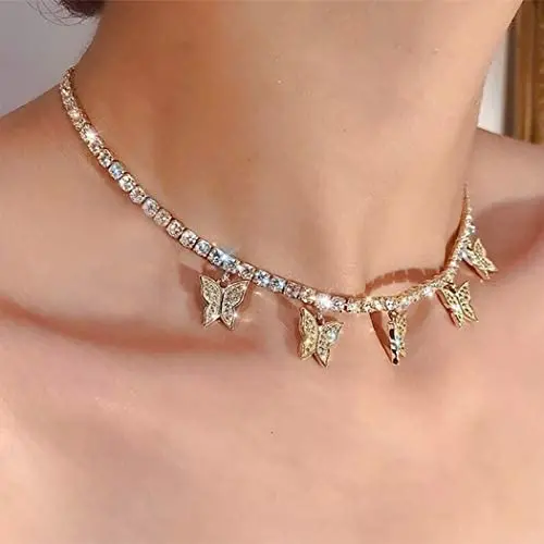 Easedaily Boho Necklaces Gold Butterfly Choker Rhinestone Pendant Short Necklace Chain for Women and Girls