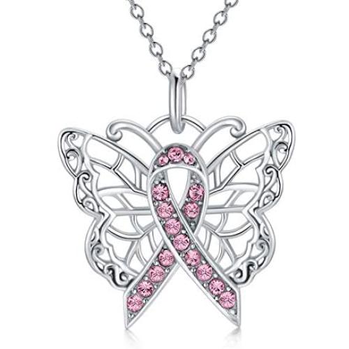 925 Sterling Silver Breast Cancer Awareness Butterfly Pink Ribbon Pendant Necklace with Austrian Crystals, Breast Cancer Survivor Gifts for Women