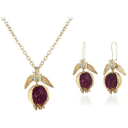 Pingyongchang Cute Pomegranate Necklace Earrings Jewelry Set Purple Crystal Fruit Jewelry Insect Dangle Drop Earrings for Women Girls