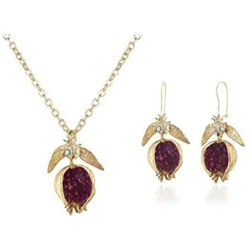 Pingyongchang Cute Pomegranate Necklace Earrings Jewelry Set Purple Crystal Fruit Jewelry Insect Dangle Drop Earrings for Women Girls