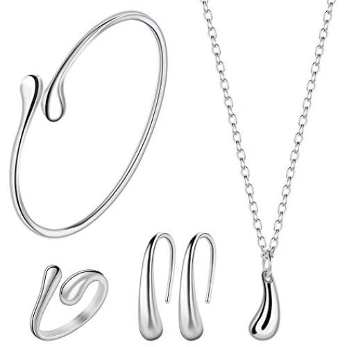 Anlsen 4PCS Sterling Silver Jewelry Set for Women Teardrop Pendant Necklace Earring Bracelet and Ring Jewelry Gifts