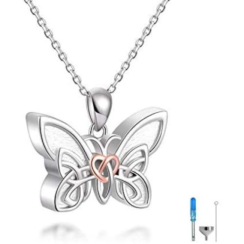 925 Sterling Silver Cremation Jewelry for Ashes, Celtic Knot Pendant Keepsake Butterfly Urn Ash Necklace Hold Two Memorial Bereavement Gifts for Women