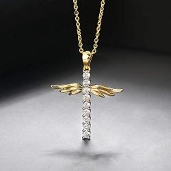 caselast Cross Angel Wings Pendant Necklace Guardian Angel Cubic Zirconia Necklace Valentines Day Jewelry Gifts for Her Women Girls(Gold)