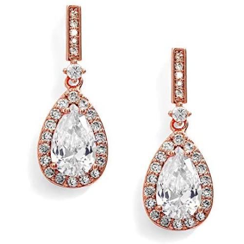 Mariell Rose Gold Cubic Zirconia Wedding Drop Earrings for Women, Jewelry for Bride, Prom, Bridesmaids