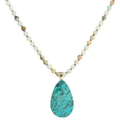 Boho Handmade Natural Ocean Jasper Picasso Jasper Imperial Jasper Pendant Long Strand Amazonite Bead Necklace for Women Men