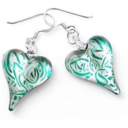 SUVANI Sterling Silver Hand Blown Glass Jewelry Heart Shaped Dangle Earrings, Color Variations
