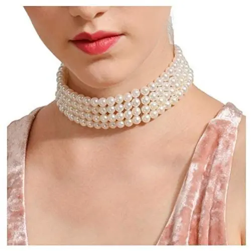 Faux Pearl Strands Choker Necklace Handmade Multilayer Beads Necklace Chain Jewelry Silver Plated for Women Girls Faux Pearl Strands Choker Necklace Handmade Multilayer Beads Necklace Chain Jewelry Silver Plated for Women Girls