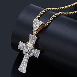 Moca Jewelry Hip Hop Iced Out Bling Lion with Crown Cross Pendant 18K Gold Plated Chain Necklace for Men Women