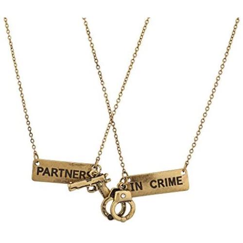 Lux Accessories Partners in Crime Handcuff Hand Cuff Gun BFF Best Friends Forever Matching Necklace Set