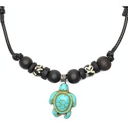 Nove Jewelry Leather Hawaiian Sea Turtle Necklace - Bone Beaded Necklace - Wood Bead and Adjustable Cord