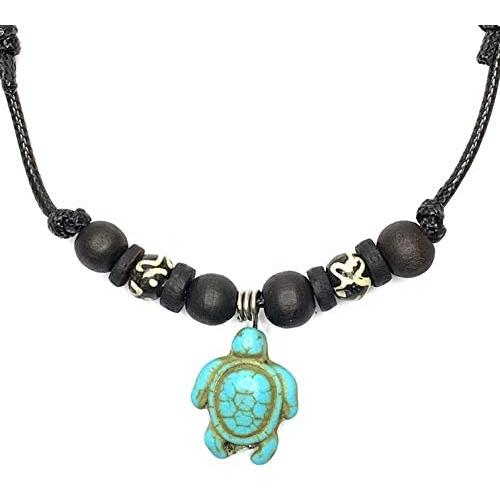 Nove Jewelry Leather Hawaiian Sea Turtle Necklace - Bone Beaded Necklace - Wood Bead and Adjustable Cord