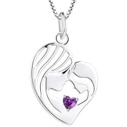 YL Mother and Daughter Necklace 925 Sterling Silver Mum Hold Child Heart Pendant Created Ruby/Aquamarine/Sapphire/Amethyst/Emerald/Garnet/Zirconia Necklace Gifts for Moms