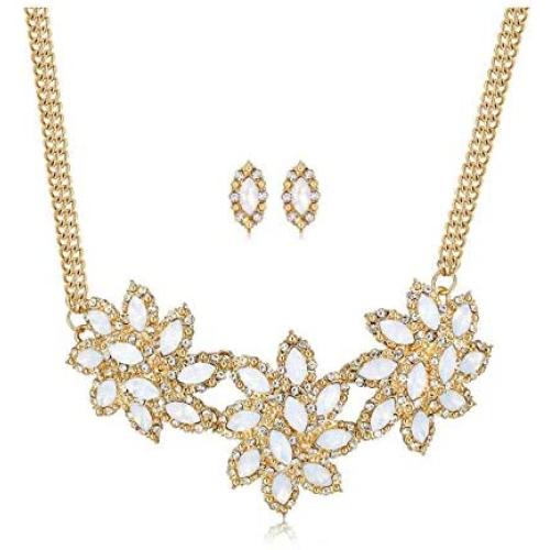 Qiji Womens Alloy Resin Flower Jewelry Set Elegant Rhinestone Gold Plated Chain Necklace Earrings