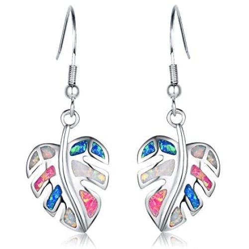 ECOLVANT Drop Earrings for Women Sterling Silver Earrings Opal Colorful Leaves Dangle Earrings for Women Girls Birthday Party Fashion Opal Earrings