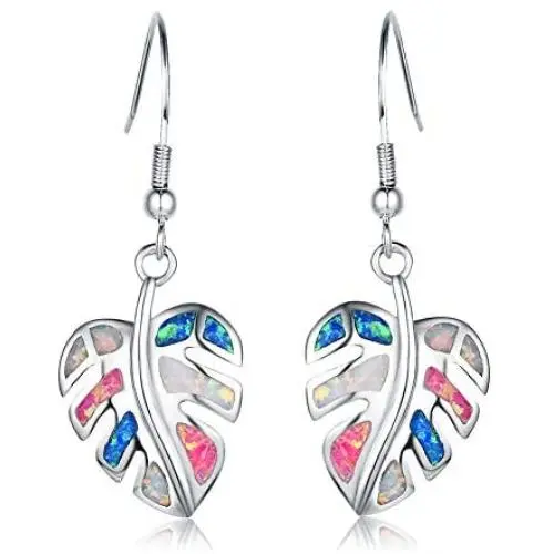 ECOLVANT Drop Earrings for Women Sterling Silver Earrings Opal Colorful Leaves Dangle Earrings for Women Girls Birthday Party Fashion Opal Earrings