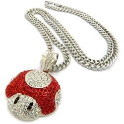 Bitter Sweet Store Mushroom Face Pendant Mens Iced Out Hip Hop Cuban Link 30'' Chain Necklace Red Silver