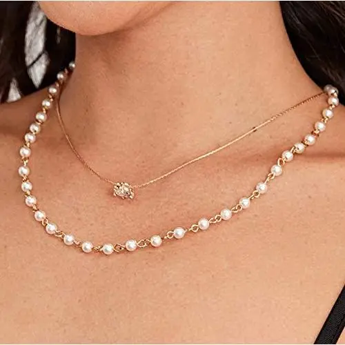 Blufly Layered Crystal Pendant Necklace Gold Imitation Pearl Boho Necklace Chain Druse Choker Necklace Jewelry for Women and Girls Blufly Layered Crystal Pendant Necklace Gold Imitation Pearl Boho Necklace Chain Druse Choker Necklace Jewelry for Women and Girls