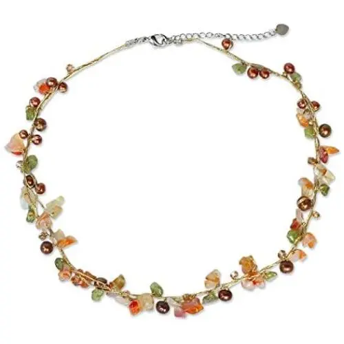NOVICA Dyed Freshwater Cultured Pearl Necklace with Carnelian and Peridot Stones, 16.25'' Tropical Elite NOVICA Dyed Freshwater Cultured Pearl Necklace with Carnelian and Peridot Stones, 16.25'' Tropical Elite