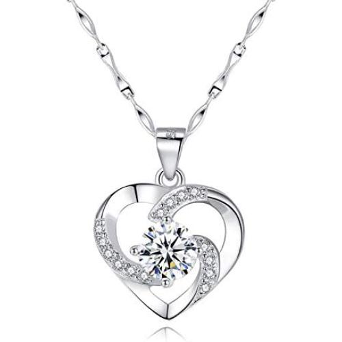 Ccino Silver Jewelry Set for Women, 925 Sterling Silver Stud Earrings, Silver Love Pendant Necklace with White/Purple/Blue Cubic Zirconia for Girlfriend Mother, Best Gift, Come with Jewelry Box