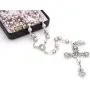 Catholic Silver Swarovski Pearl Rosary Necklace with Rose Detailed 2''L Crucifix Pendant (Italian Made)