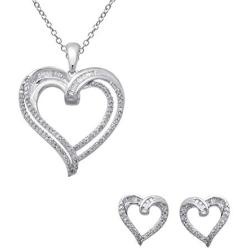 Jewelili Sterling Silver 1/2 CTTW Baguette and Round White Diamond Heart Pendant Necklace and Earrings Jewelry Set