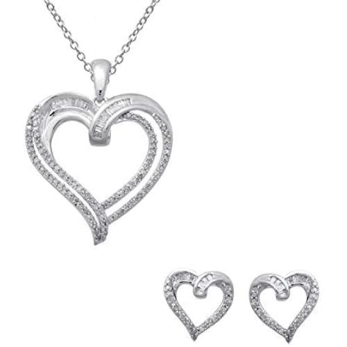 Jewelili Sterling Silver 1/2 CTTW Baguette and Round White Diamond Heart Pendant Necklace and Earrings Jewelry Set