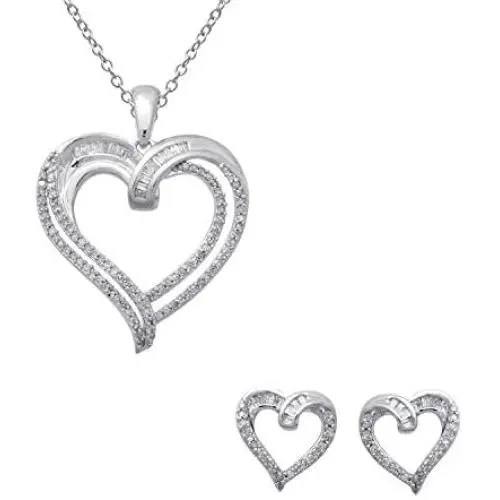 Jewelili Sterling Silver 1/2 CTTW Baguette and Round White Diamond Heart Pendant Necklace and Earrings Jewelry Set