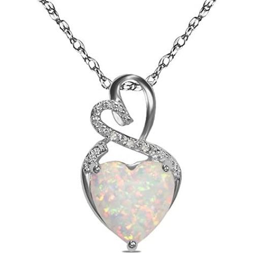 The Diamond Deal Lab-Created Opal Gemstone October Birthstone Heart and Diamond Accent Pendant Necklace Charm in 925 Sterling Silver