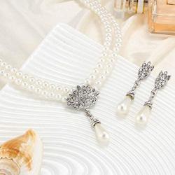 Asooll Wedding Bride Pearl Choker Necklace Earring Set Silver Layered Pendant Neck Chain Bridal Rhinestone Necklaces Jewelry Set with Pearl Earring for Women and Girls