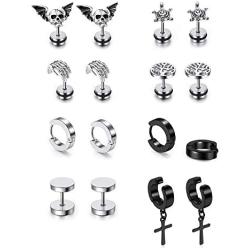 JOVIVI 8 Pairs Mixed Style Punk Skull/Plugs Taper/Cross Huggie Hoop Stainless Steel Screw Stud Earrings Set for Mens Womens Goth Jewelry