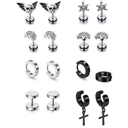 JOVIVI 8 Pairs Mixed Style Punk Skull/Plugs Taper/Cross Huggie Hoop Stainless Steel Screw Stud Earrings Set for Mens Womens Goth Jewelry