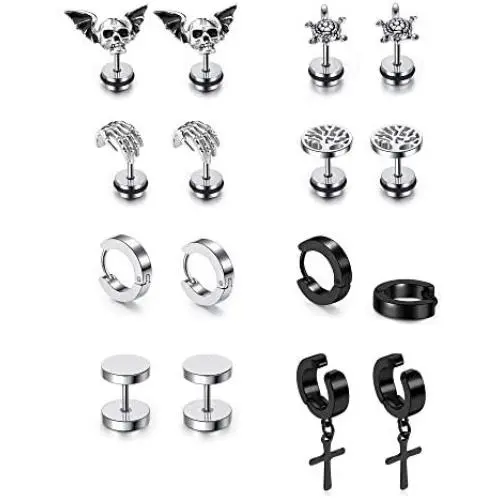 JOVIVI 8 Pairs Mixed Style Punk Skull/Plugs Taper/Cross Huggie Hoop Stainless Steel Screw Stud Earrings Set for Mens Womens Goth Jewelry JOVIVI 8 Pairs Mixed Style Punk Skull/Plugs Taper/Cross Huggie Hoop Stainless Steel Screw Stud Earrings Set for Mens Womens Goth Jewelry