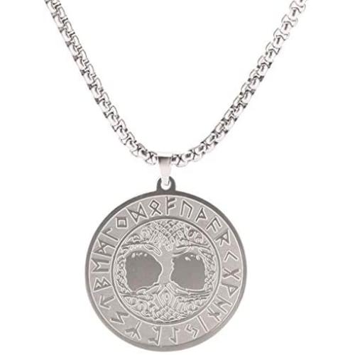 VASSAGO Stainless Steel Celtic Yggdrasil Tree of Life 24 Runes Pendant Necklace Round Charms Amulet Nordic Viking Jewelry for Men and Women