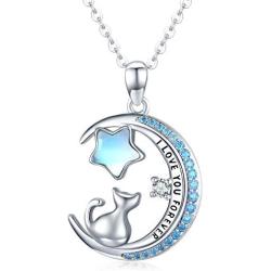 TRISHULA Moon and Sun Necklace for Women,Cat Moon S925 Sterling Silver Rainbow Moonstone Pendant Forever Love Sparkling Crescent Jewelry Gift for Women Girls,Teen