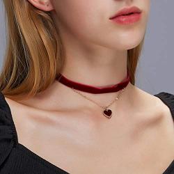 TseanYi Satin Ribbon Necklace Choker Layering Heart Pendant Necklace Chain Short Boho Clavicle Chain Necklace Jewelry for Women and Girls (Red)